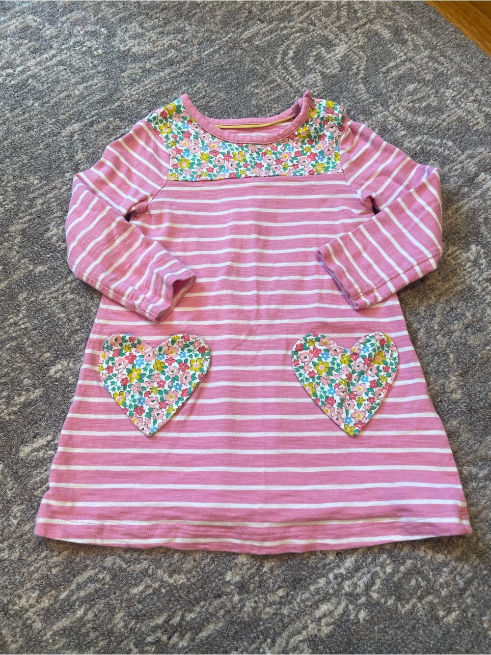 Pink Striped toddler Girls Dress with Floral Heart Pockets